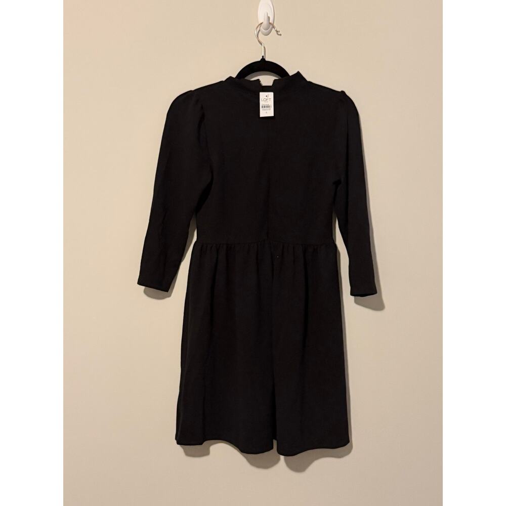 LOFT Black Puff Sleeve Mini Dress Crew Neck Gathered Waist Size 0 New - Picture 3 of 6